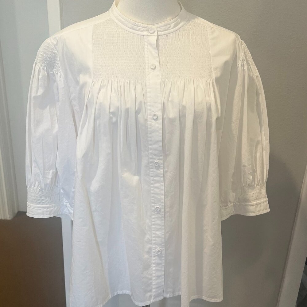 REBECCA TAYLOR La Vie White Smocked Blouse, Size L